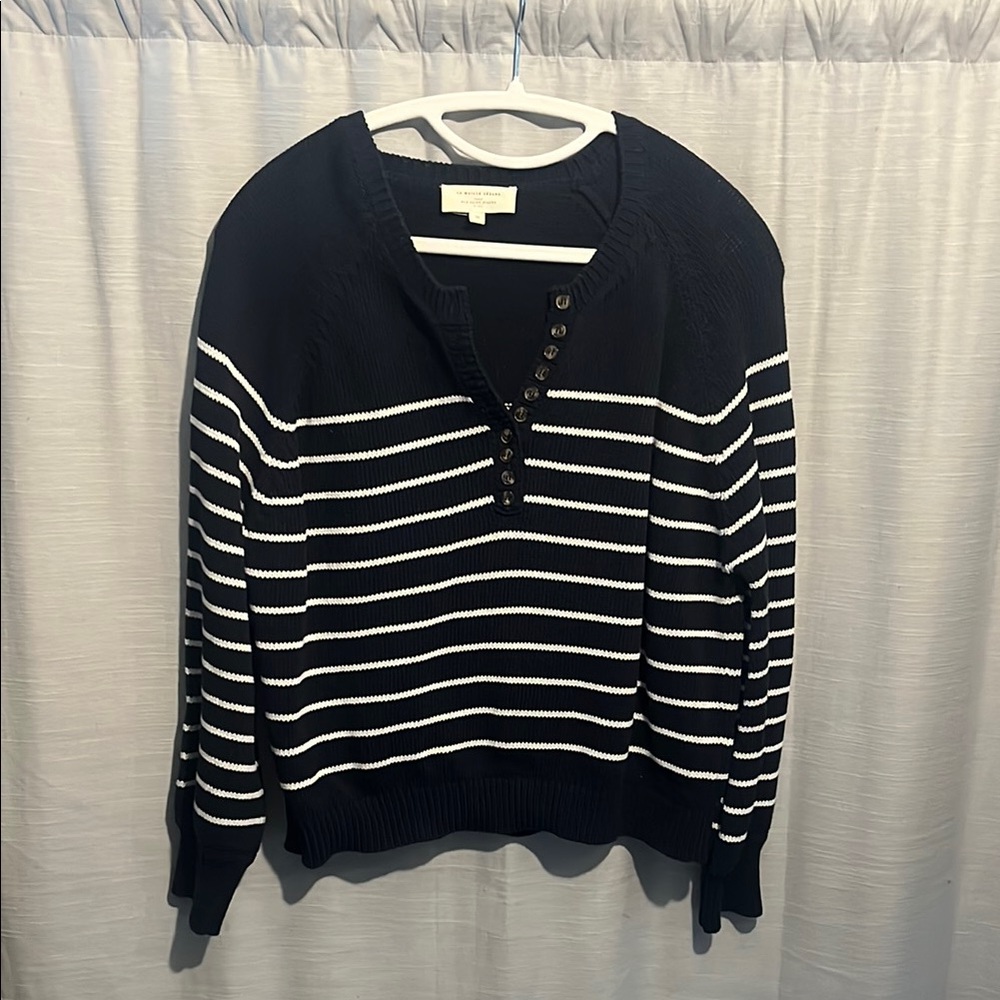 Sezane Navy and White Striped cotton Sweater